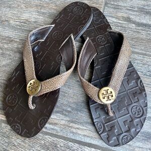 Tory Burch Sandals Slip On Flip Flop Thora Silver Brown 6 M Snake Print Leather